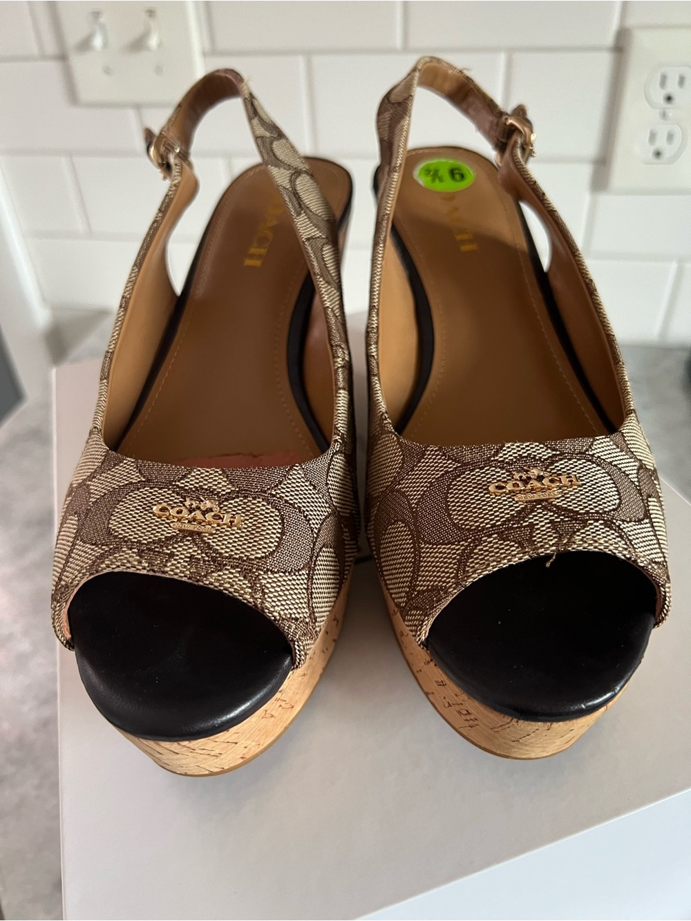 Coach Brown Signature Peep-Toe Cork Platform Slingbacks